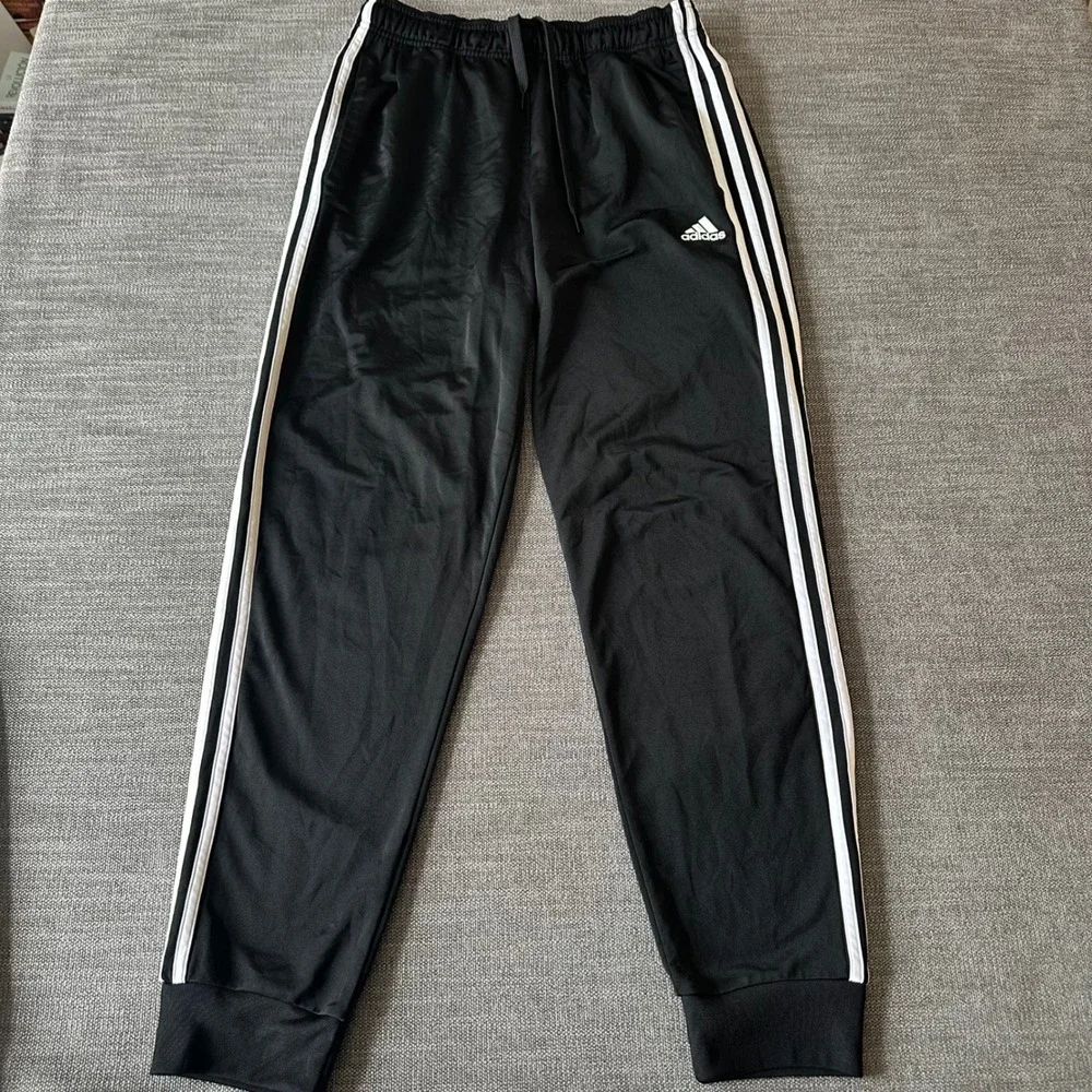 Adidas Track Pants Mens Medium Black 3-Stripe Joggers Tapered Pockets